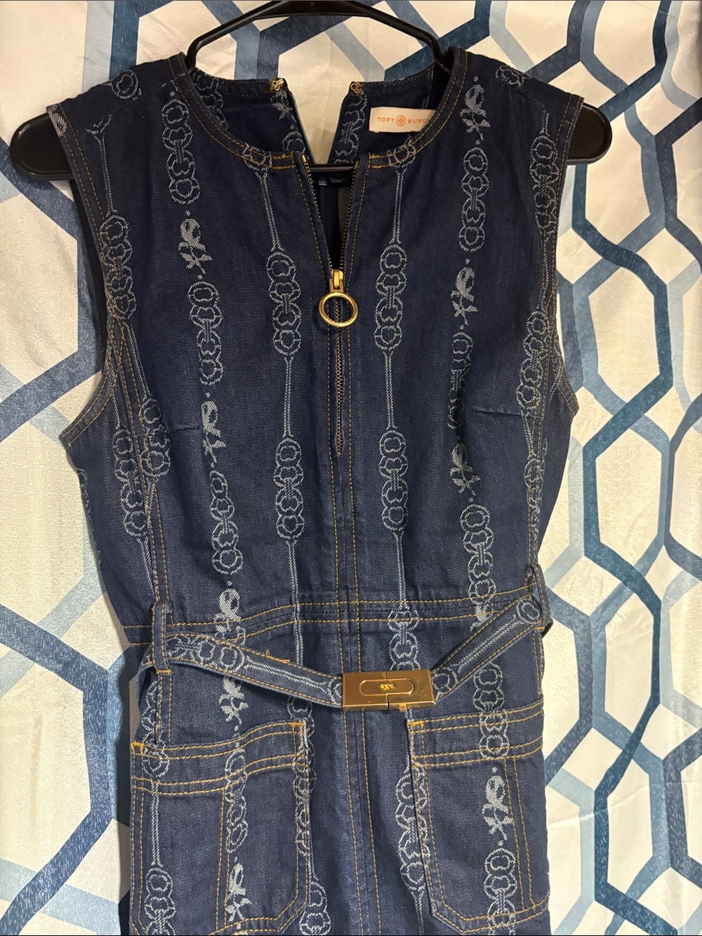 Tory Burch Navy Embroidered Denim Jumper with Gold Hardware